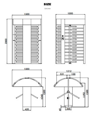 HCW 304 Stainless Steel Full Height Turnstile with 2400*1500*2300mm Dimensions and 40 People/Minute Passage Speed